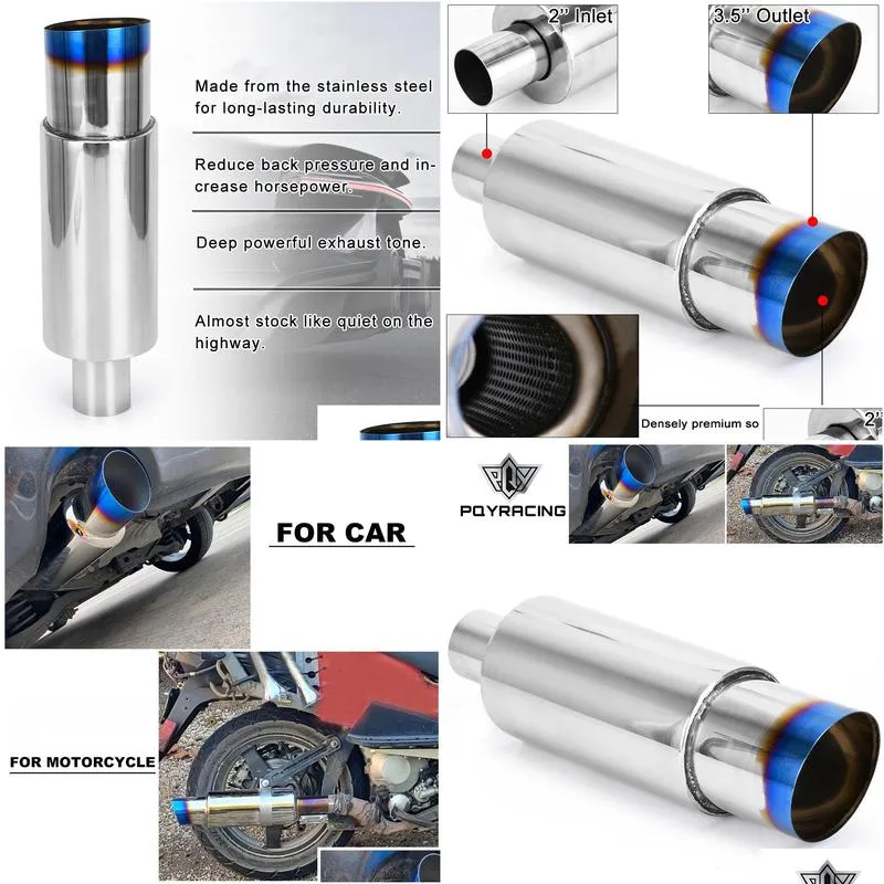 universal muffler exhaust polished stainless steel w/burnt tip silencer 2.0 inlet to 3.0 outlet exhaust tip muffler -emp11