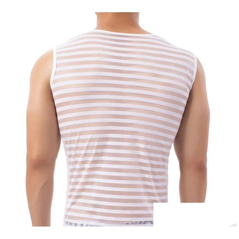 mens tank tops horizontal strip vest mens breathable transparent character elastic nylon fashion horizontal strip narrow back crewneck