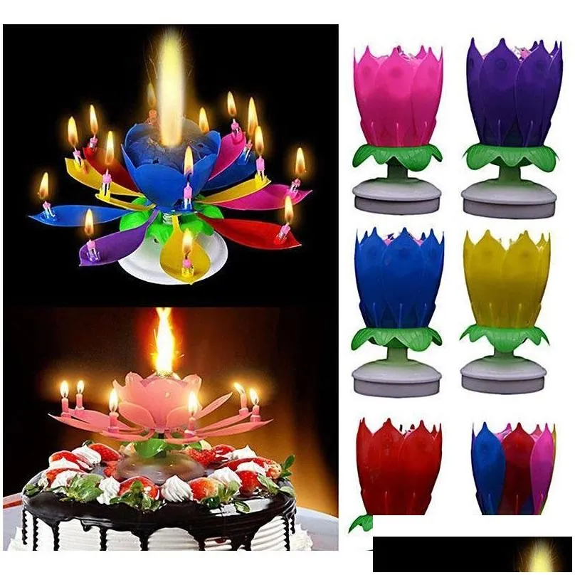 musical birthday candle birthday cake topper decoration magic lotus flower candles blossom rotating