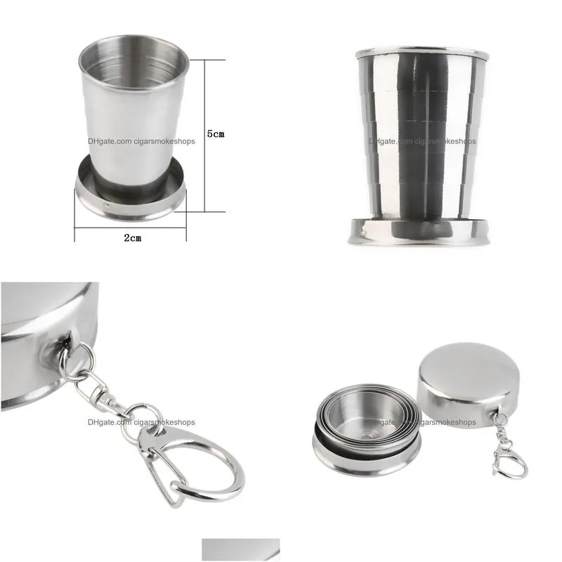 Water Bottles Cam Mug Folding Cup With Keychain Stainless Steel Traveling Outdoor Bottel Telescopic Collapsible Cups Supplies 75 Ml Zz Dh8Eh