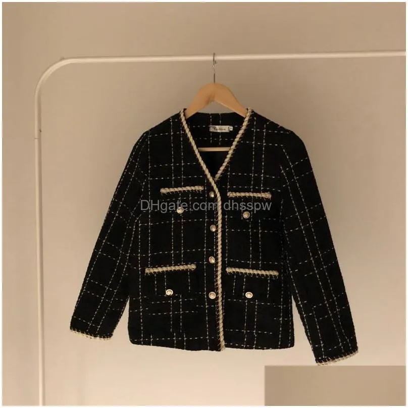 womens jackets korean luxury designer wool coat women black vintage v neck plaid tweed golden buttons elegant office lady outwear