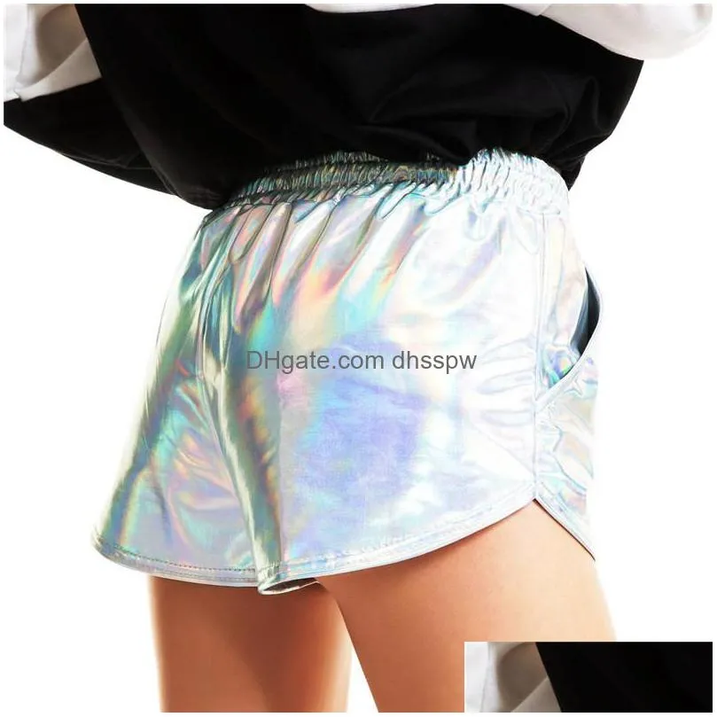 womens shorts women shiny metallic 2022 summer holographic wet look casual elastic drawstring festival rave booty