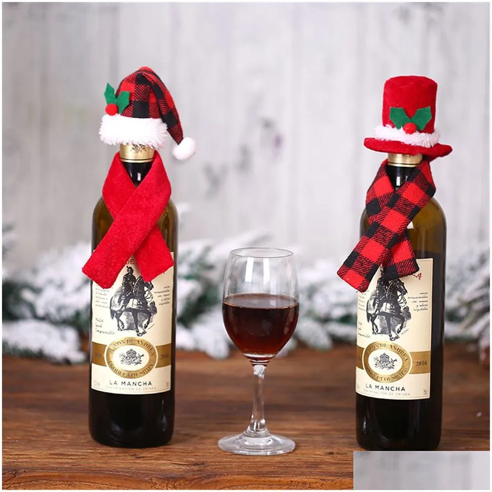 Christmas Decorations Christmas  Plaid Mini Santa Hat And Scarf Wine Bottle Er Sierware Holder Xmas Table Ornaments Xbjk2110 Ho Dhtl7