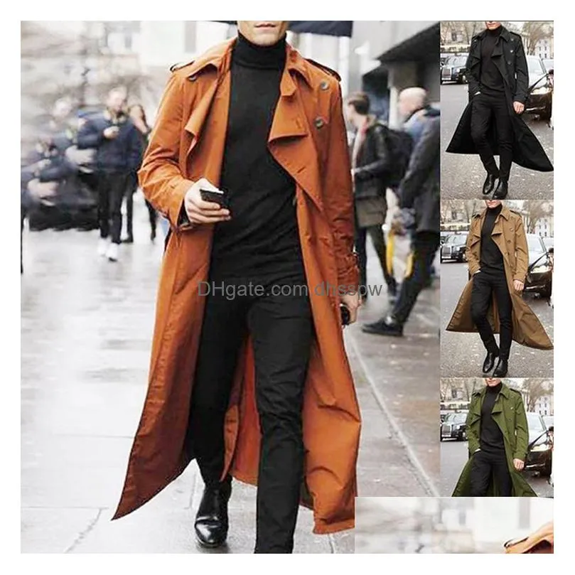 mens trench coats men overcoat vintage double breasted jacket coats mens business black long solid windbreak coat outwear