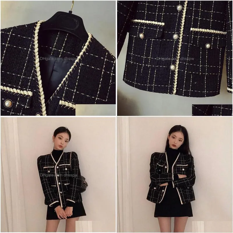 womens jackets korean luxury designer wool coat women black vintage v neck plaid tweed golden buttons elegant office lady outwear