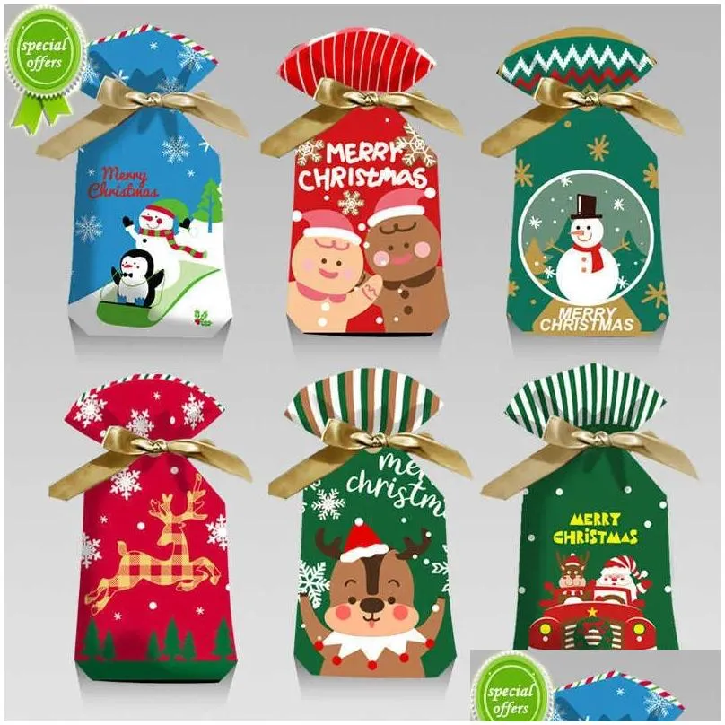 Christmas Decorations New 10Pcs Cartoon Xmas Candy Gift Bags Kids Cookie Sweet Plastic Dstring Bag Christmas Decorations For Home Year Dhlv5