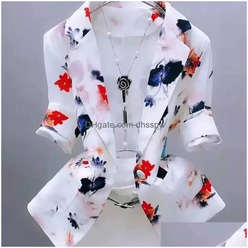 womens suits blazers floral print sunscreen slim cardigan thin for women coat elegant three quarter office lady autumn jacket