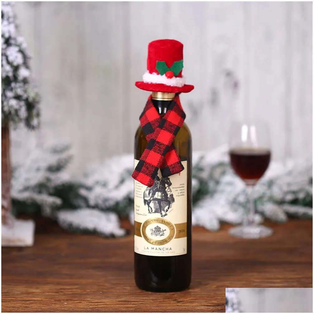 Christmas Decorations Christmas  Plaid Mini Santa Hat And Scarf Wine Bottle Er Sierware Holder Xmas Table Ornaments Xbjk2110 Ho Dhtl7