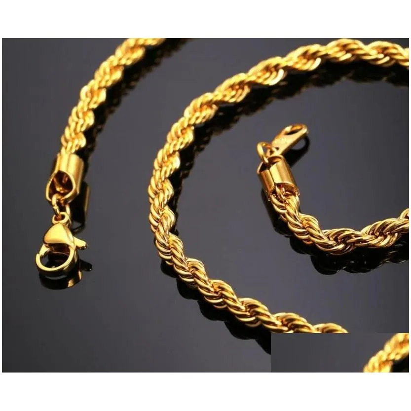 Chains 18K Real Gold Plated Stainless Steel Rope Chain Necklace For Men Chains Fashion Jewelry Gift Jewelry Necklaces Pendants Dh6B1