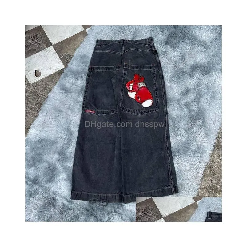 mens jeans streetwear jnco y2k hip hop cartoon graphic print vintage baggy black pants men women high waist wide leg trousers