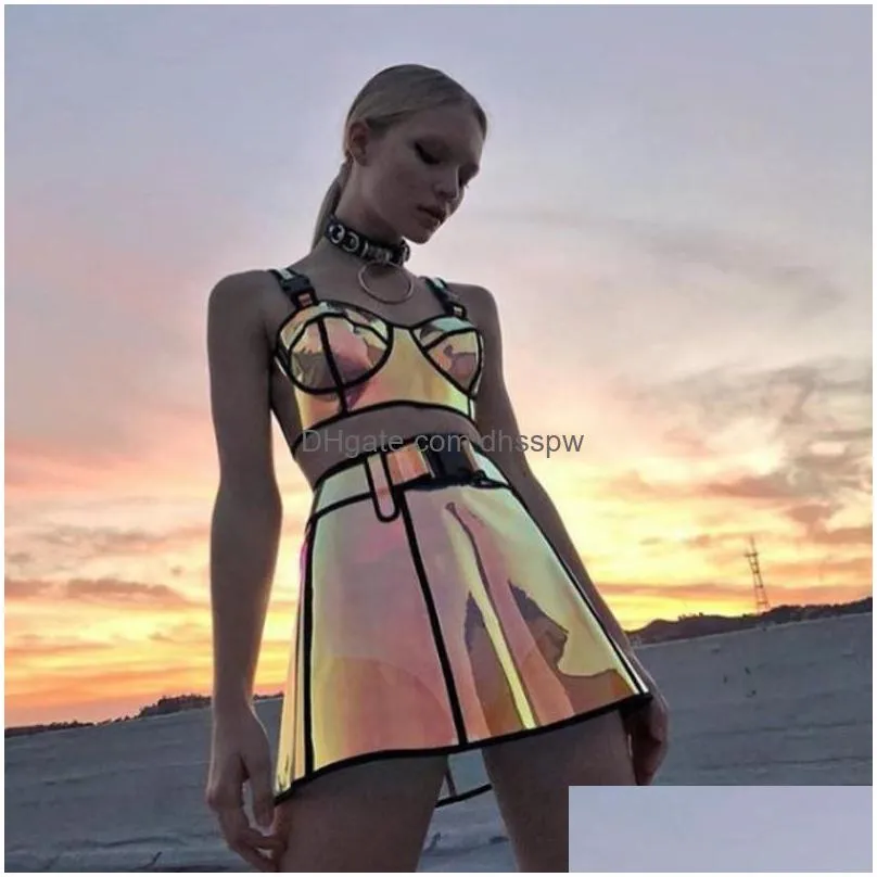 stage wear clubwear/rave party music festival laser hologram bra with skirt set nightclub start auto women sexy costumes show harajuku holograhpic harness