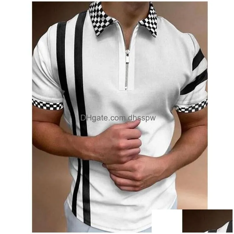 mens polos summer high quality men shirts street print casual short sleeve mens turn-down collar zipper shirt