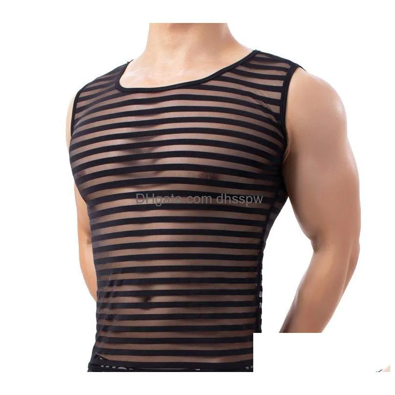 mens tank tops horizontal strip vest mens breathable transparent character elastic nylon fashion horizontal strip narrow back crewneck