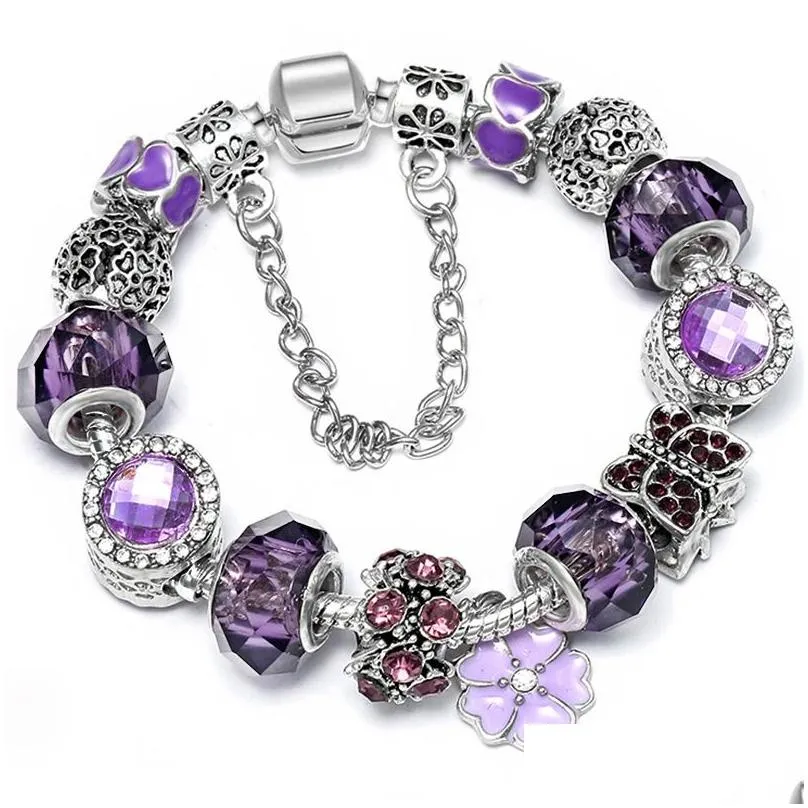 Charm Bracelets 2022 New Charm Bracelet Purple Crystal Five Petals Flower Pendant Butterfly European Beads Honeycomb Bangle Fits Pando Dh0Yw