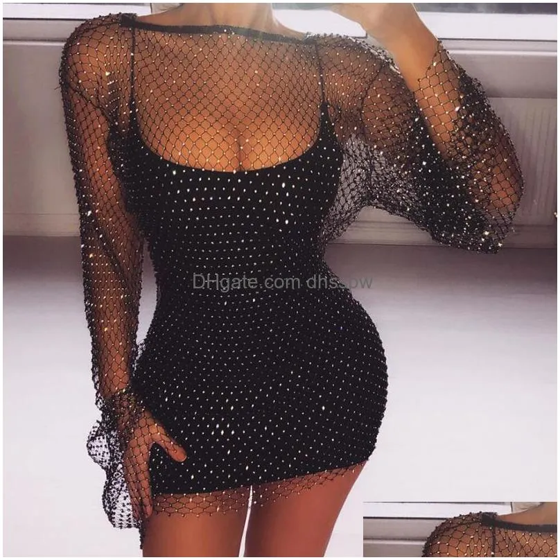 stage wear fantoye crystal diamond sexy bodycon dress women hollow out mini summer fishnet mesh beach party vestidos