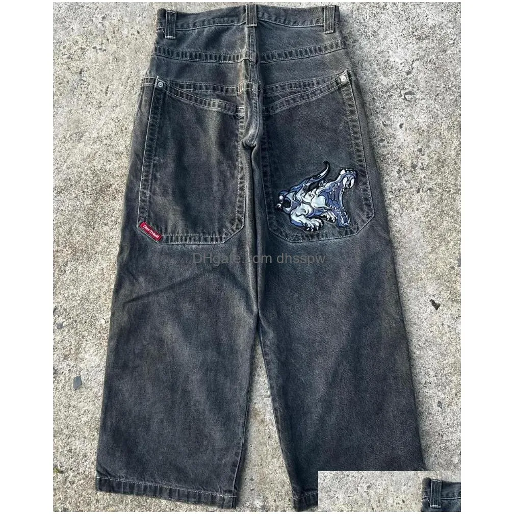 mens jeans streetwear jnco y2k hip hop cartoon graphic print vintage baggy black pants men women high waist wide leg trousers