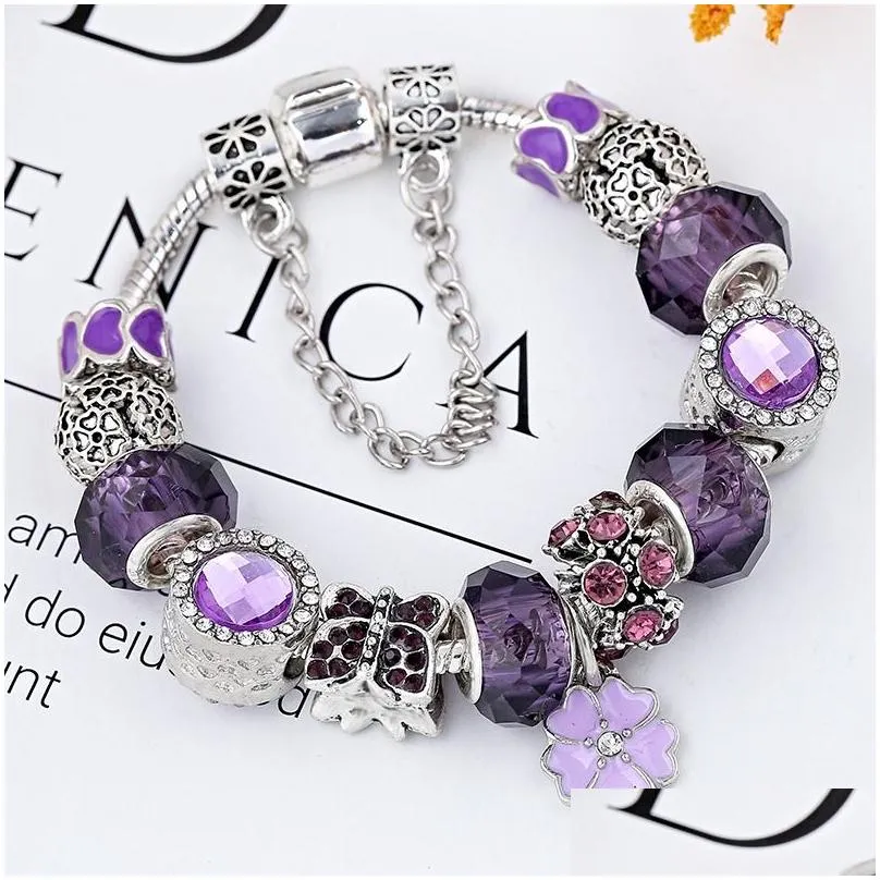 Charm Bracelets 2022 New Charm Bracelet Purple Crystal Five Petals Flower Pendant Butterfly European Beads Honeycomb Bangle Fits Pando Dh0Yw