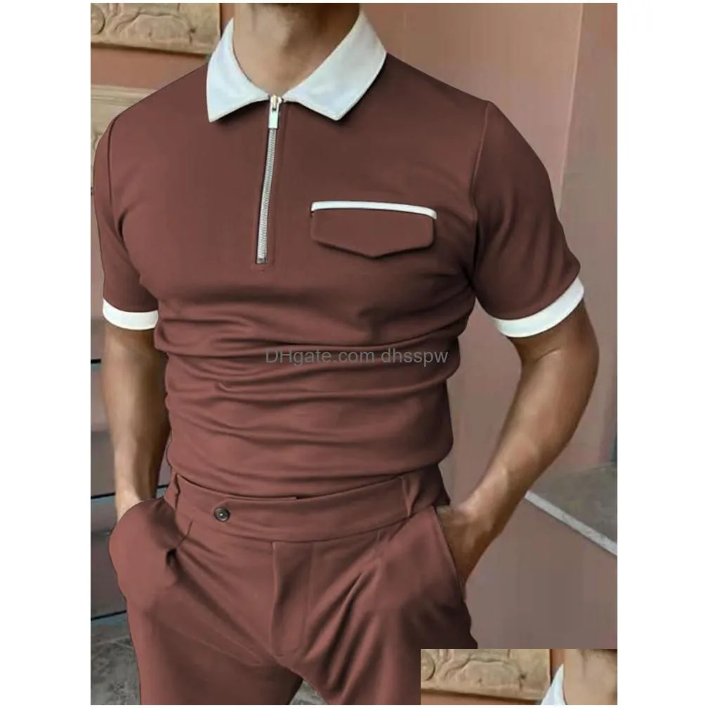 mens polos 2022 men shirts summer high quality casual daily short sleeve striped mens turn-down collar zippers tees