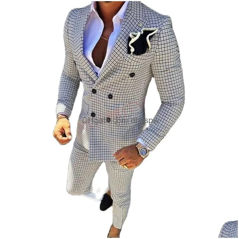 mens suits blazers 2022 fashion lattice suit slim fit prom wedding for men groom tuxedo jacket pants set custom white casual