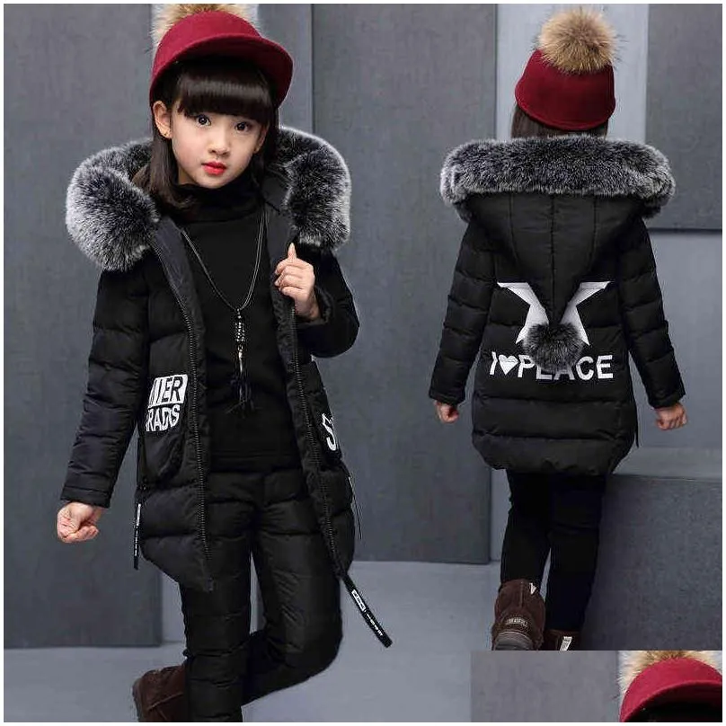 Clothing Sets Girl Clothing Sets For Russia Winter Hooded Warm Vest Jacket Add Top Cotton Pants 3 Pieces Clothes Coat With Fur Hood 21 Dh6Ed