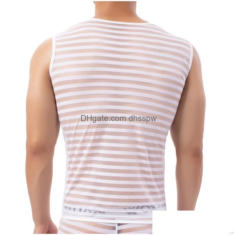 mens tank tops horizontal strip vest mens breathable transparent character elastic nylon fashion horizontal strip narrow back crewneck