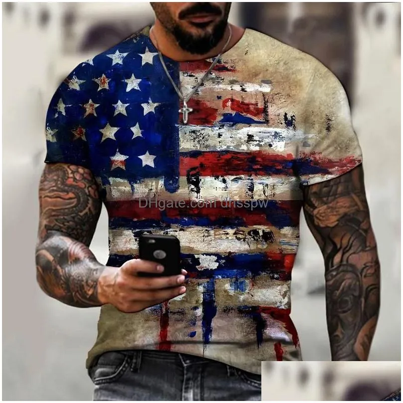 mens t-shirts summer shirt with american flag pattern casual male fashion shirt round collar mens- clothing byck 6xl