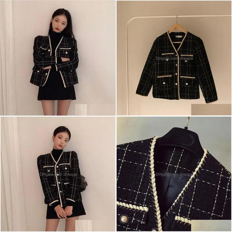 womens jackets korean luxury designer wool coat women black vintage v neck plaid tweed golden buttons elegant office lady outwear