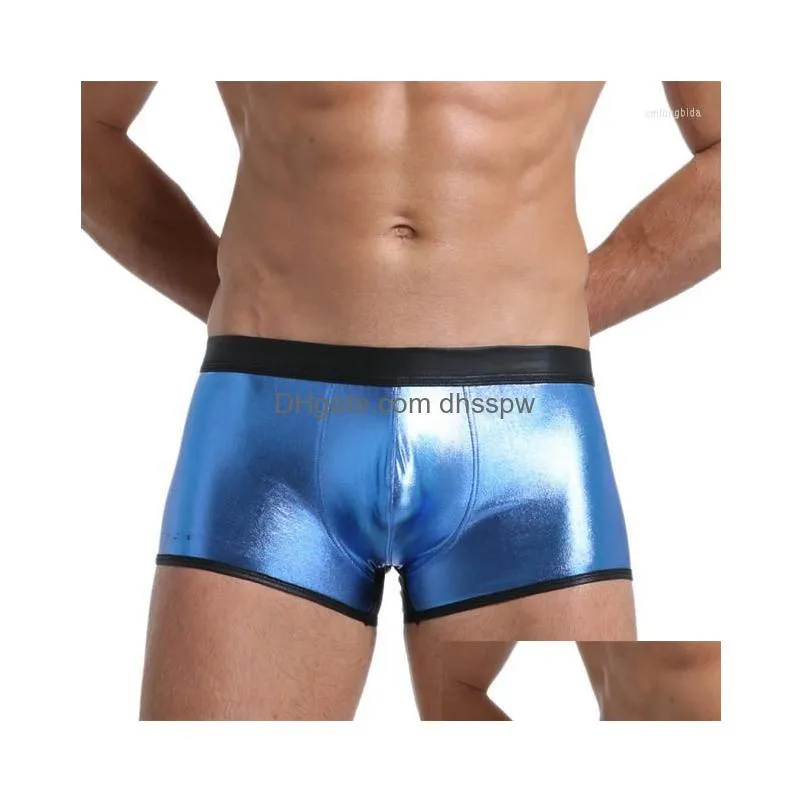 underpants men shiny faux leather boxer underwear wet look trunks shorts clubwear penis pouch pu boxers homem soft boxershorts male