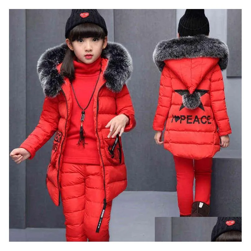 Clothing Sets Girl Clothing Sets For Russia Winter Hooded Warm Vest Jacket Add Top Cotton Pants 3 Pieces Clothes Coat With Fur Hood 21 Dh6Ed