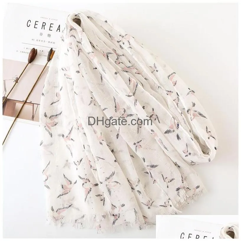 Scarves Style Scarf Winter Women Little Bird Print Tourism Silk Fashion Seaside Sunsn Cotton Material Shawl Cape Drop Delivery Acces Dhugg