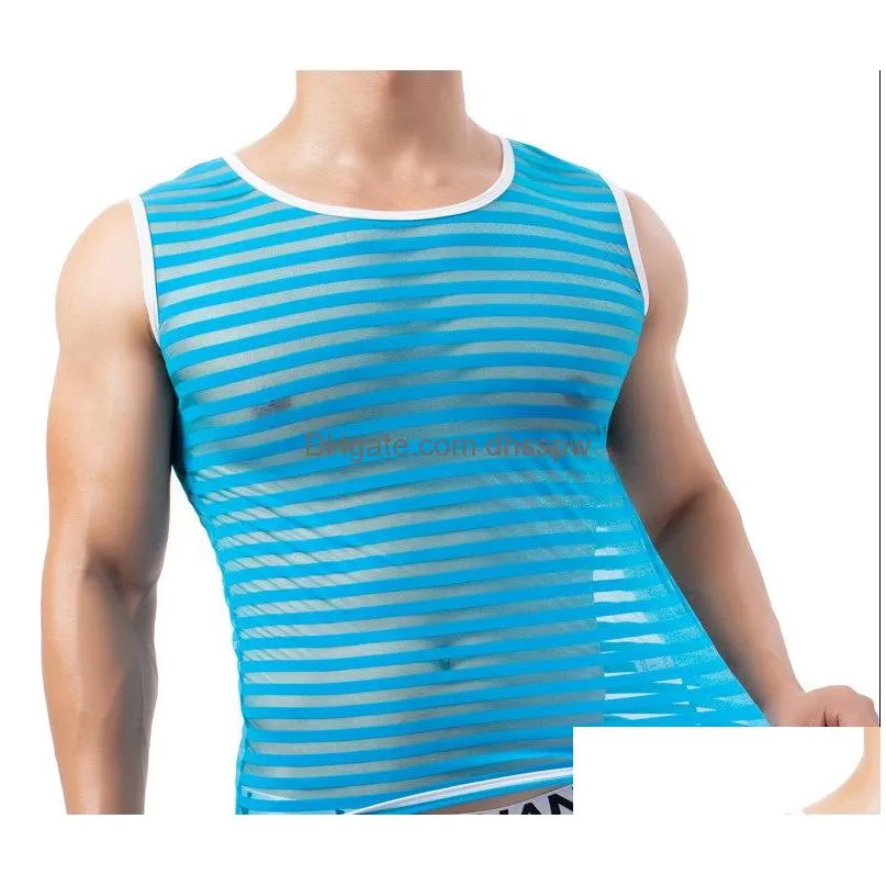 mens tank tops horizontal strip vest mens breathable transparent character elastic nylon fashion horizontal strip narrow back crewneck