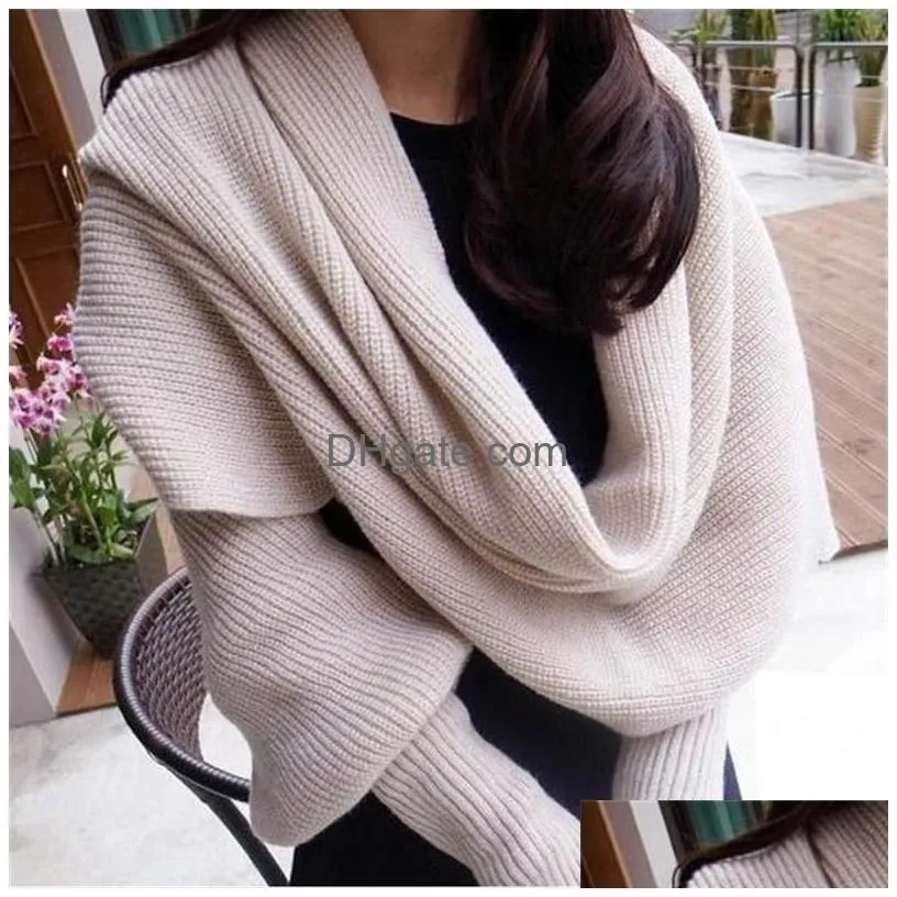 Scarves European Style Winter Women Long Scarf With Sleeves Wool Knitted For Thick Warm Casual Shawl High Quality Sweater Drop Deliv Dhkwp