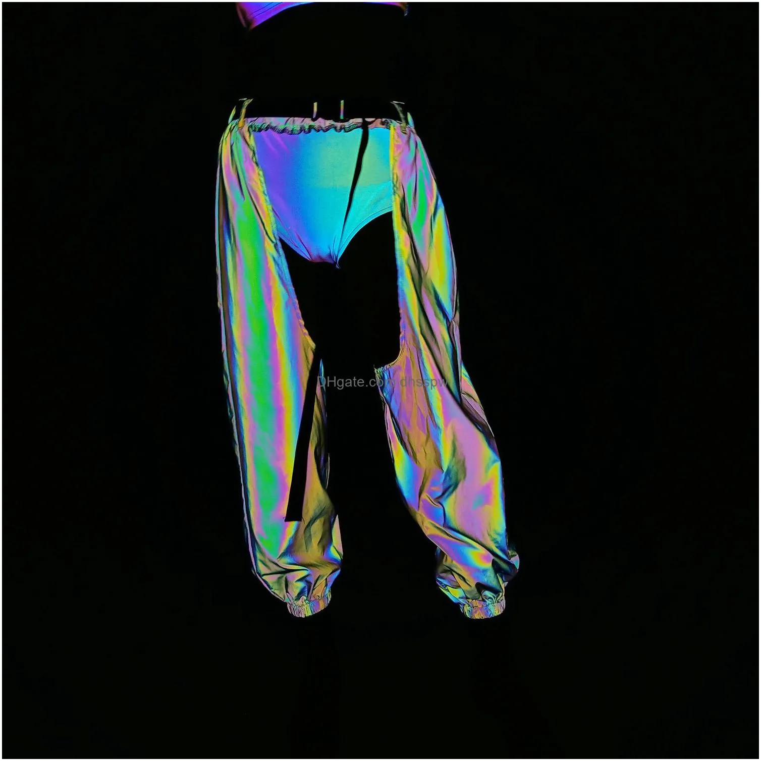 womens pants high-waisted hollow sexy reflective cargo pants european and american ladies hip hop rock night light beam