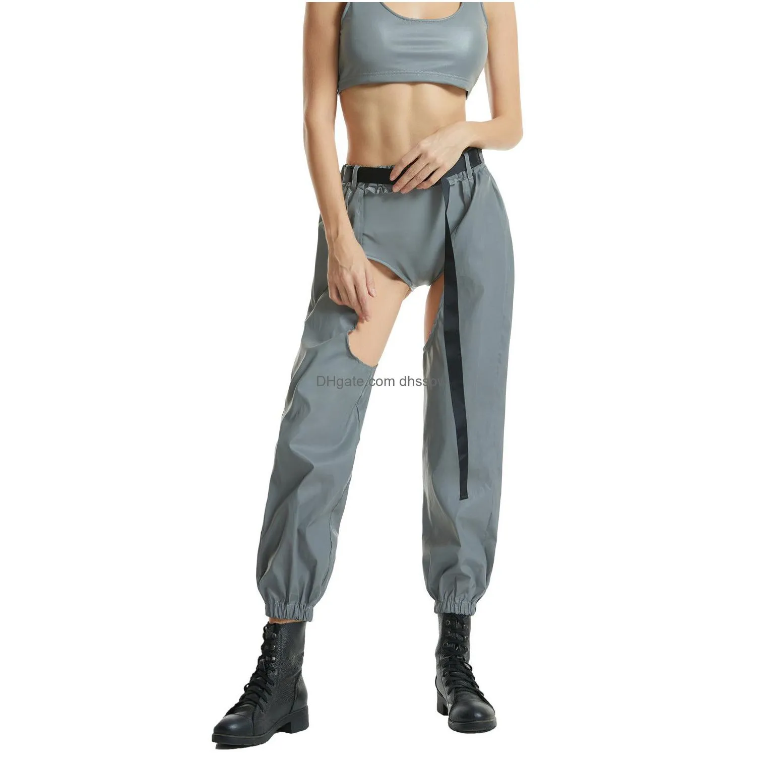 womens pants high-waisted hollow sexy reflective cargo pants european and american ladies hip hop rock night light beam