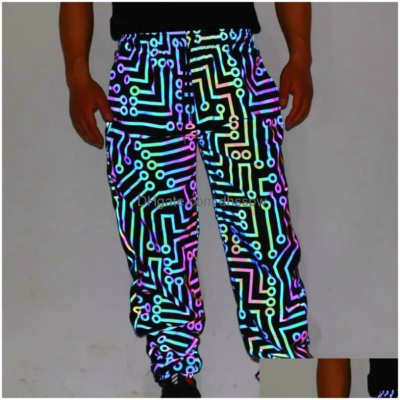 mens pants coulple geometric circuit lines colorful reflective hip hop windbreaker reflect light casual trousers jaqueta masculina