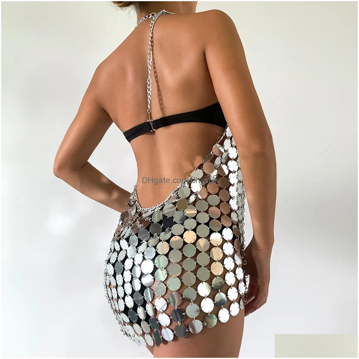 stage wear sequins colorful rainbow round sequins harness bra chest neck body chain sexy summer beach bikini dress women jewelry