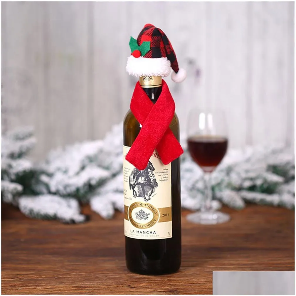 Christmas Decorations Christmas  Plaid Mini Santa Hat And Scarf Wine Bottle Er Sierware Holder Xmas Table Ornaments Xbjk2110 Ho Dhtl7