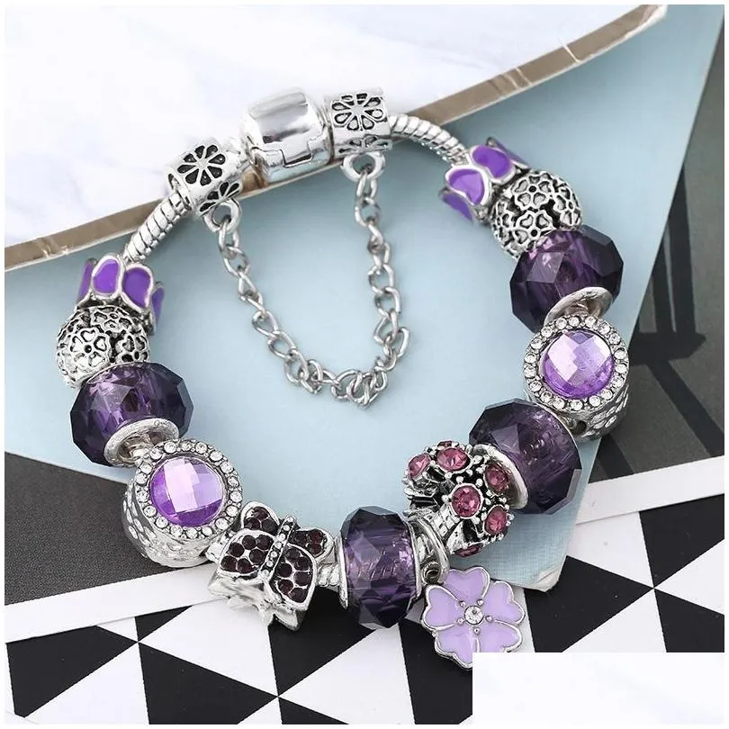 Charm Bracelets 2022 New Charm Bracelet Purple Crystal Five Petals Flower Pendant Butterfly European Beads Honeycomb Bangle Fits Pando Dh0Yw