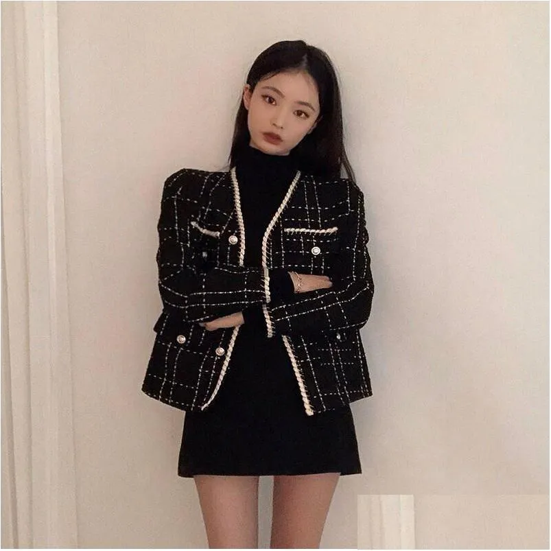 womens jackets korean luxury designer wool coat women black vintage v neck plaid tweed golden buttons elegant office lady outwear