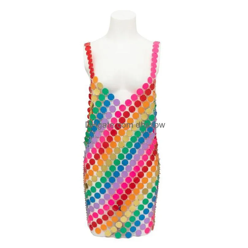 stage wear sequins colorful rainbow round sequins harness bra chest neck body chain sexy summer beach bikini dress women jewelry