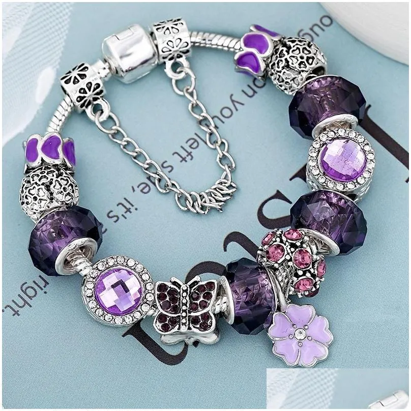Charm Bracelets 2022 New Charm Bracelet Purple Crystal Five Petals Flower Pendant Butterfly European Beads Honeycomb Bangle Fits Pando Dh0Yw