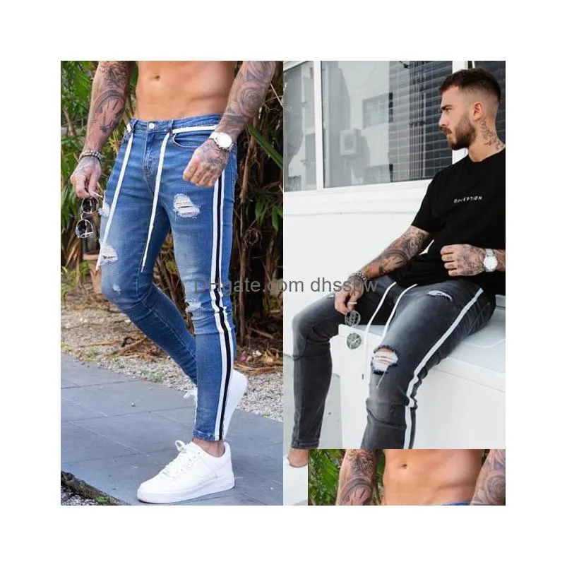 mens jeans men skinny biker destroyed slim fit ripped holes denim trousers side striped pencil pants hip hop blue white black fashion