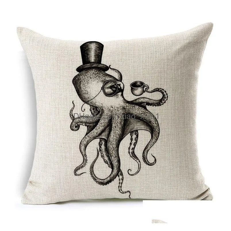 Cushion/Decorative Pillow Squid Octopus Cushion Er Simple Thick Cotton Linen Sofa Scandinavia Square Throw Cases For Bedroom Drop De Dh2Wo