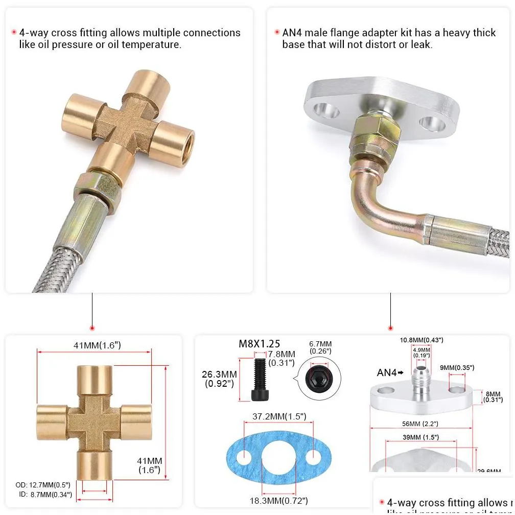 turbo oil feed line 90 degree an4 female to straight 1/8 npt male w/ an4 flange adapter gasket kit cross fitting for t3 t4 t04e t60