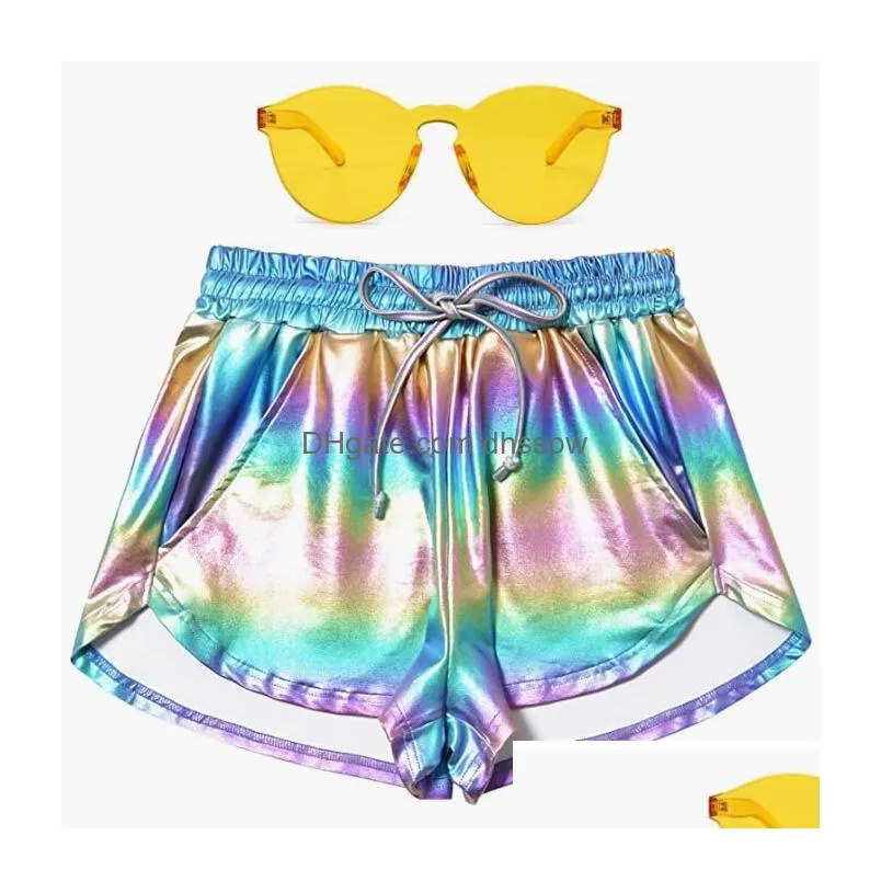 womens pants girls summer shiny beachwear reflective shorts with drawstring women yoga running exercise fitness shorts sexy short