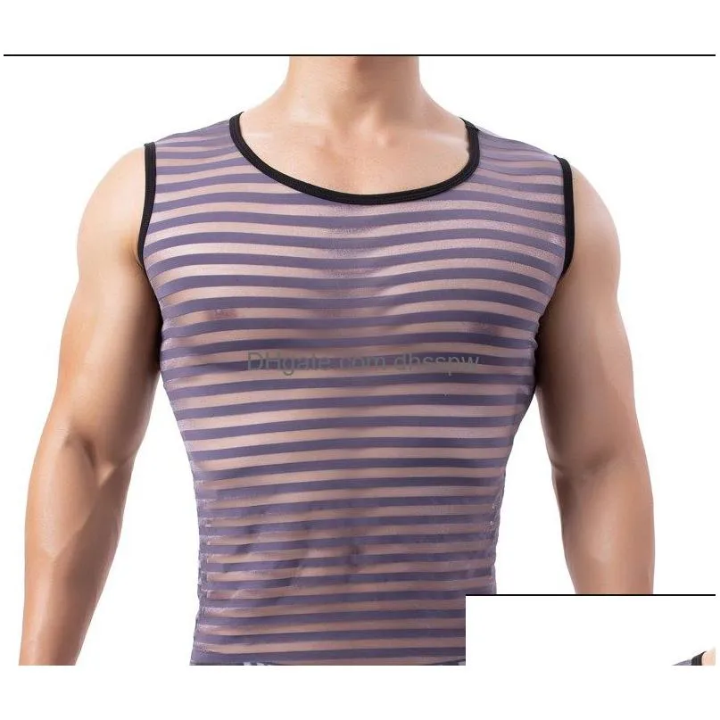 mens tank tops horizontal strip vest mens breathable transparent character elastic nylon fashion horizontal strip narrow back crewneck