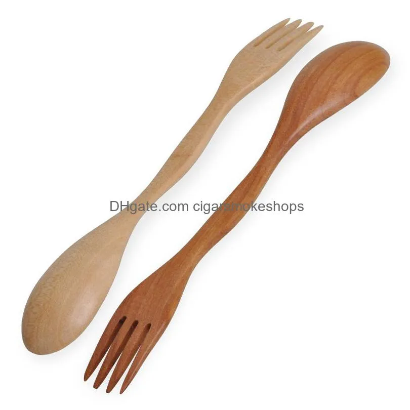 Spoons Fashion Natural Wood Spoon Fork 2 In 1 Cooking Dining Utensil Chinese Long Handle Cutlery Home Garden Kitchen, Dining Bar Flatw Dhmgs