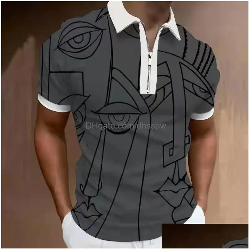 mens polos 2022 men shirts summer high quality casual fashion short sleeve striped s mens turn-down collar zippers tees