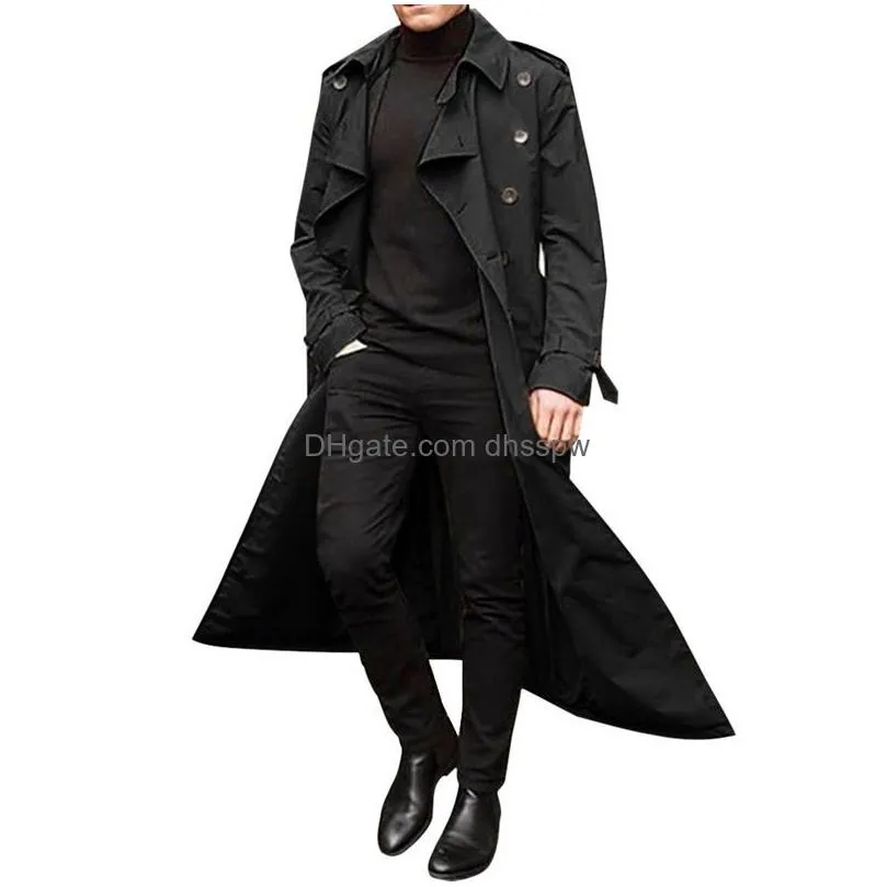 mens trench coats men overcoat vintage double breasted jacket coats mens business black long solid windbreak coat outwear