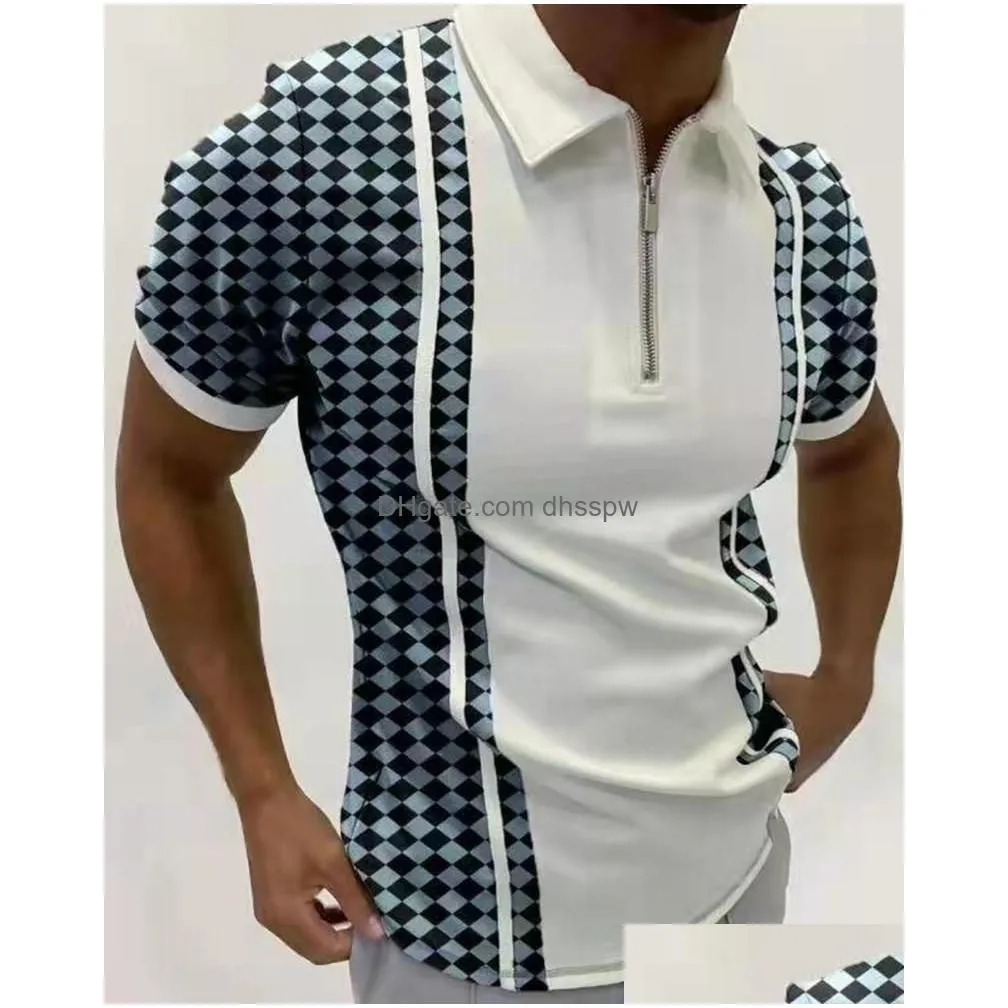 mens polos 2022 men shirts summer high quality casual daily short sleeve striped mens turn-down collar zippers tees